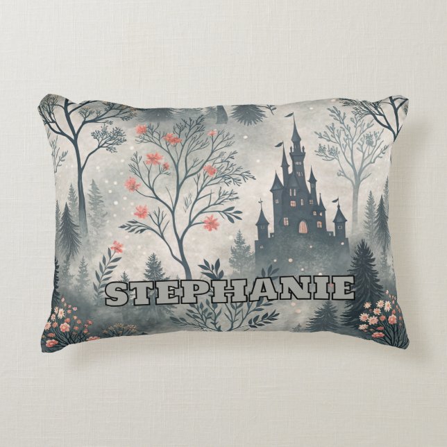 Enchanted Misty Forest with Dark Castle – Ethereal Accent Pillow (Front)