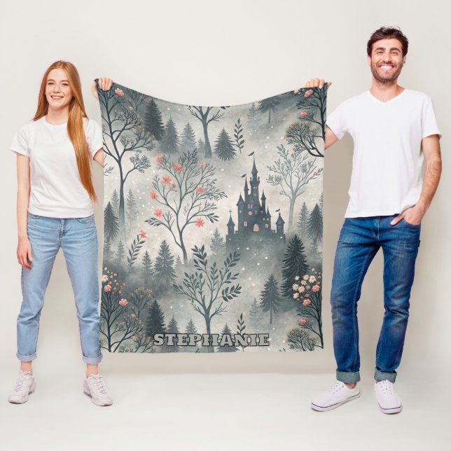 Enchanted Misty Forest with Dark Castle – Ethereal Fleece Blanket (In Situ)