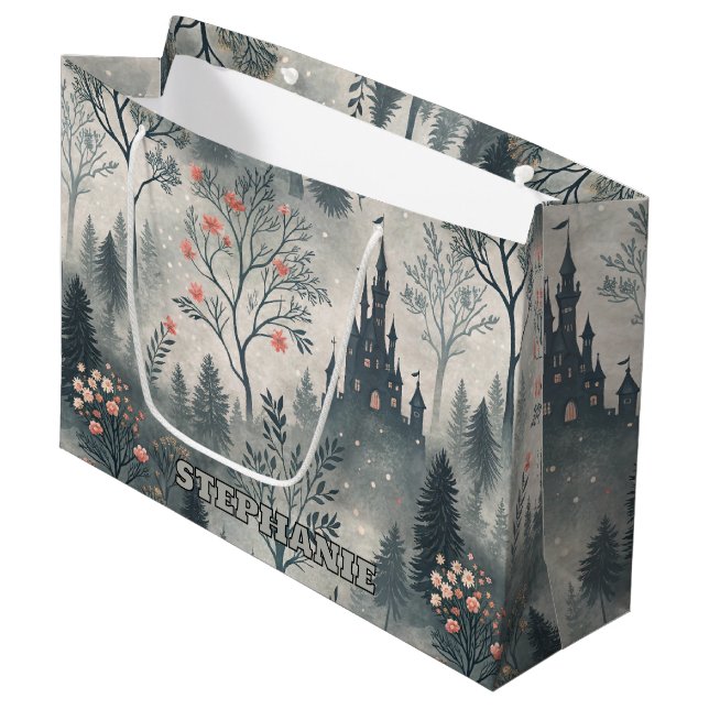 Enchanted Misty Forest with Dark Castle – Ethereal Large Gift Bag (Front Angled)