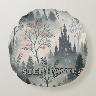 Enchanted Misty Forest with Dark Castle – Ethereal Round Pillow