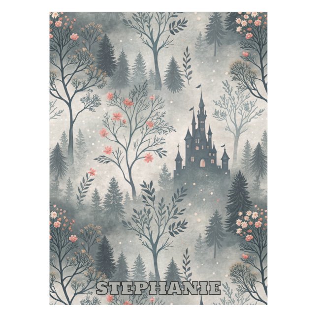 Enchanted Misty Forest with Dark Castle – Ethereal Tablecloth (Front)
