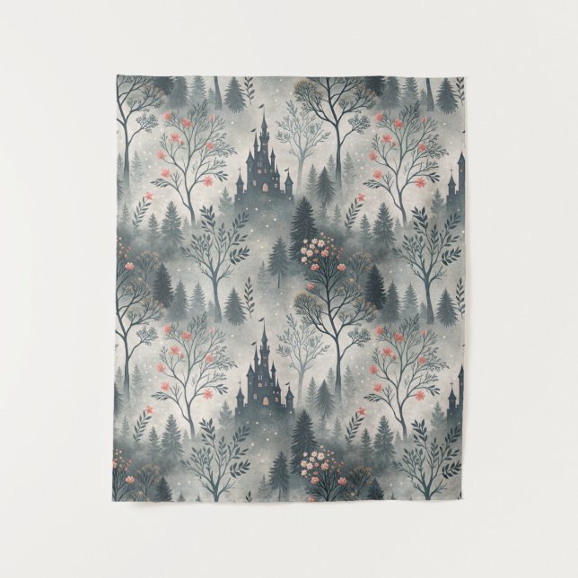 Enchanted Misty Forest with Dark Castle – Ethereal Tapestry (Front)