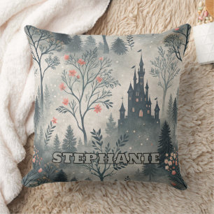 Enchanted Misty Forest with Dark Castle – Ethereal Throw Pillow