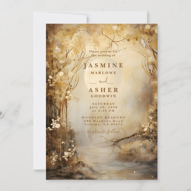 Enchanted Moon Forest Portal Gold Wedding Invitation (Front)
