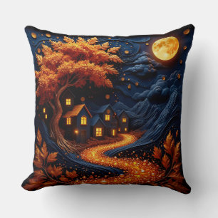 Enchanted Moonlit Village with Autumn Leaves Throw Pillow
