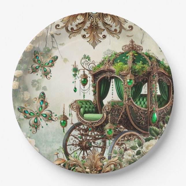 Enchanted Moss & Moonlight Fairytale Carriage Deco Paper Plate (Front)