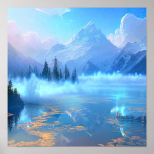 Enchanted Mountain Lake, A Mystical Blue Mist Poster