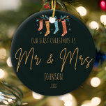 Enchanted Mr. & Mrs. First Christmas Ornament<br><div class="desc">Experience the enchantment of your first Christmas as Mr. & Mrs. with our exquisite custom ornament. The lush olive green backdrop beautifully showcases 'OUR FIRST CHRISTMAS AS, Mr & Mrs' in a charming handwritten font. Personalize it with your family name and the cherished year, creating a timeless keepsake that captures...</div>