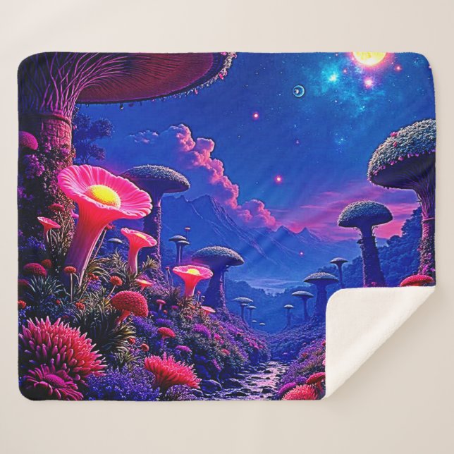 Enchanted Mushroom Forest Night Design Sherpa Blanket (Front (Horizontal))