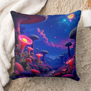 Enchanted Mushroom Forest Night Design Throw Pillow