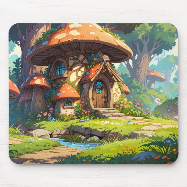 Enchanted Mushroom Village in the Forest – Dreamy  Mouse Pad (Front)