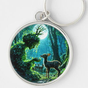 Enchanted nature guardian feeding a baby fawn keychain