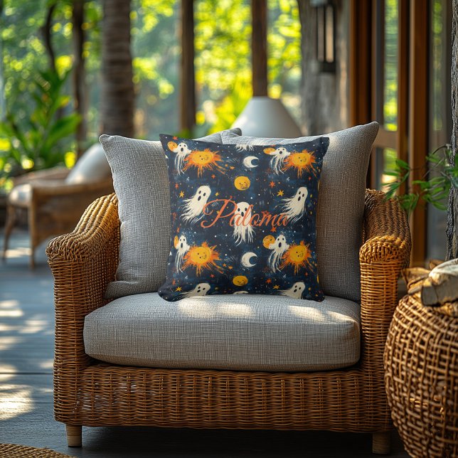Enchanted Night Halloween with Ghosts & Celestial  Throw Pillow (Creator Uploaded)