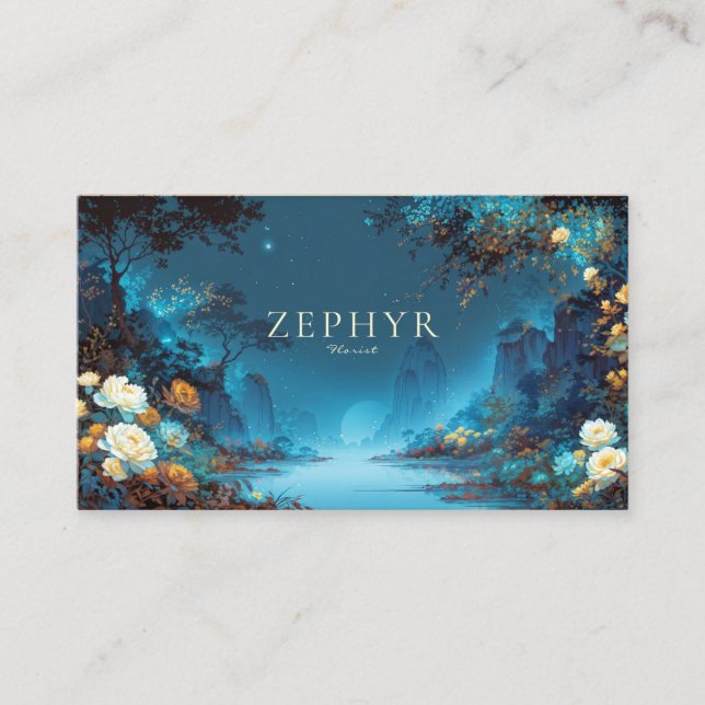 Enchanted Night Landscape Teal Yellow Floral Moon Business Card (Front)