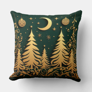 Enchanted Night – Moonlit Christmas Tree Pattern Throw Pillow