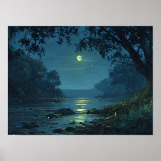Enchanted Night River & Fireflies Landscape  Poster