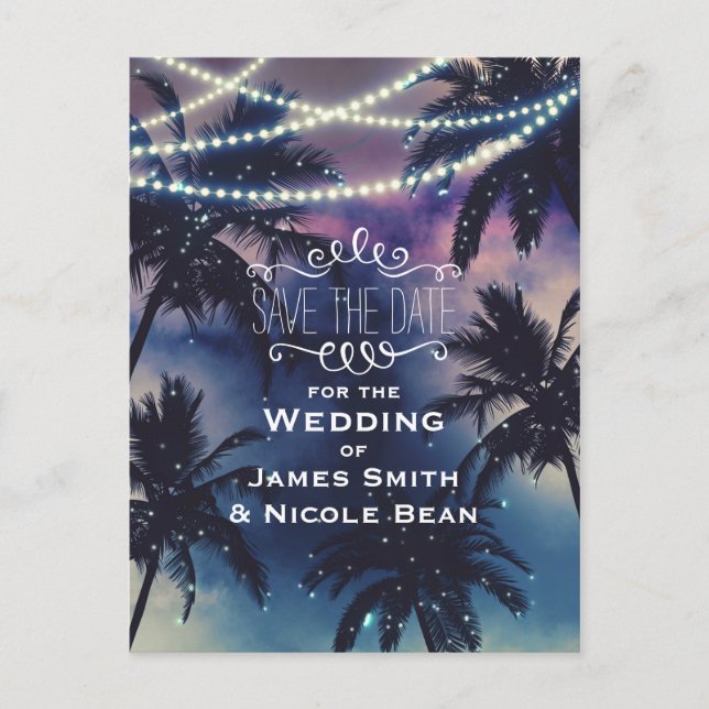 Enchanted Night Sky Evening Beach Lights Save Date Announcement Postcard (Front)