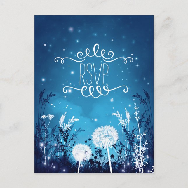 Enchanted Night Sky Stars & Foliage Blue RSVP card (Front)