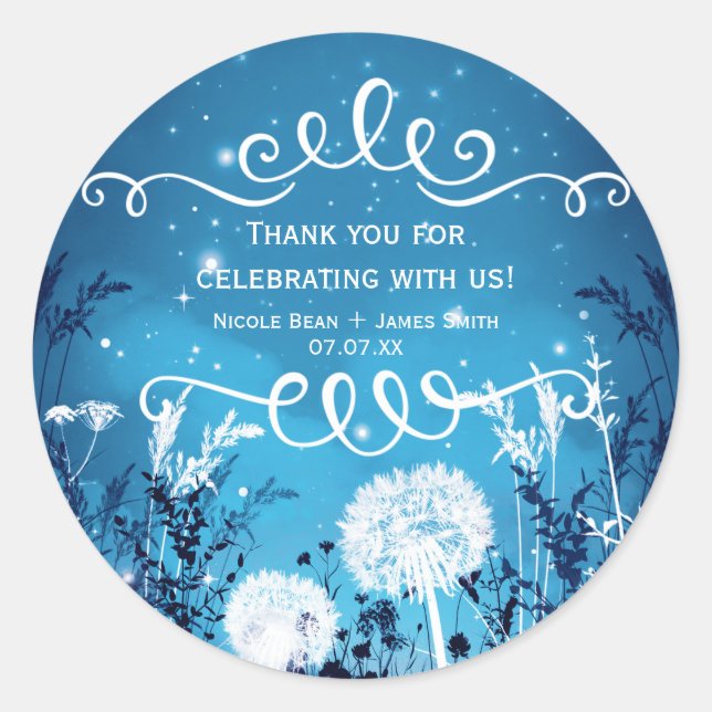 Enchanted Night Sky Stars & Foliage Blue Wedding Classic Round Sticker (Front)