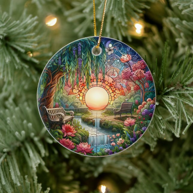 Enchanted Park Stained Glass Mosaic  Ceramic Ornament (Tree)