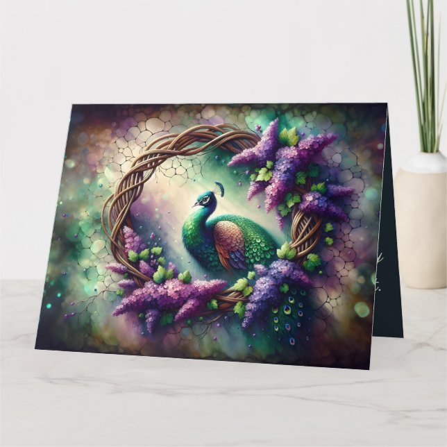 Enchanted Peacock Floral Wreath Card (Front)