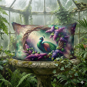 Enchanted Peacock Floral Wreath Lumbar Pillow