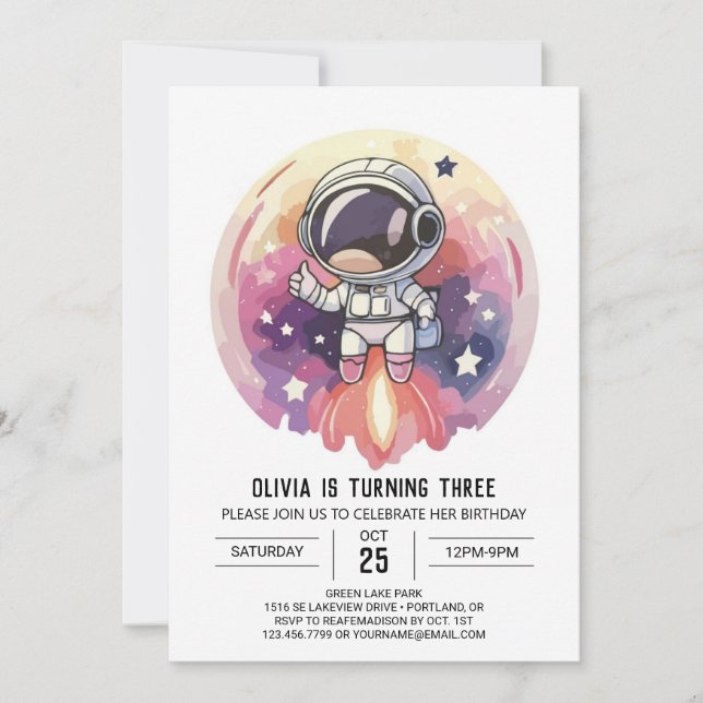 Enchanted Pink Adventure Astronaut Birthday Invitation (Front)