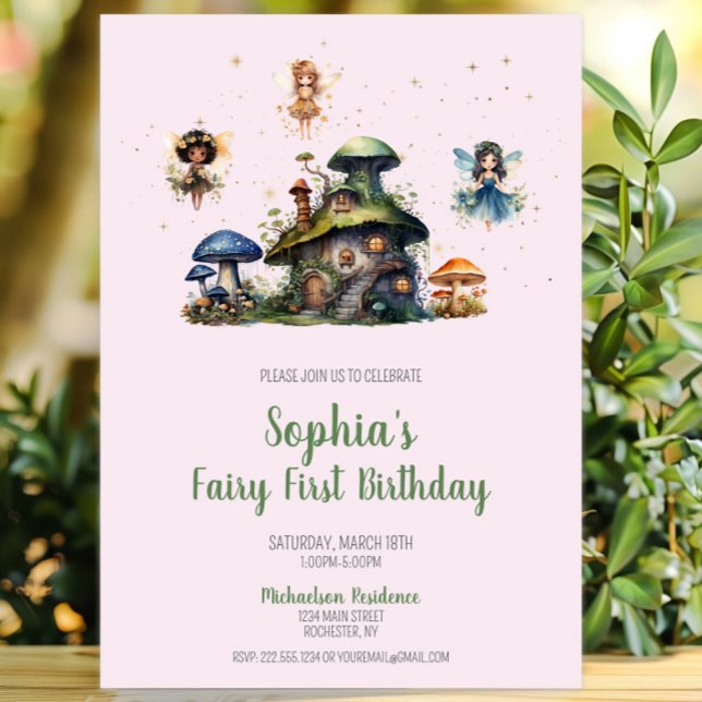 Enchanted Pink Fairy First Birthday Mushroom Invitation (Enchanted Fairy First Birthday Mushroom Invitation, Whimsical Fairy Garden Invite, Woodland Pixie)