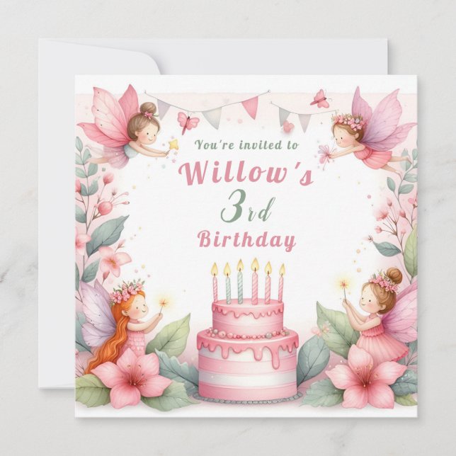 Enchanted Pink Fairy garden - Birthday  Invitation (Front)