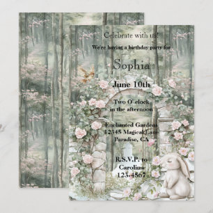 Enchanted Pink Floral Garden Bunny Birthday Invitation