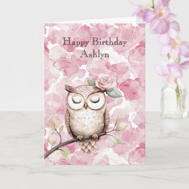 Enchanted Pink Floral Owl Birthday Card (Orchid)