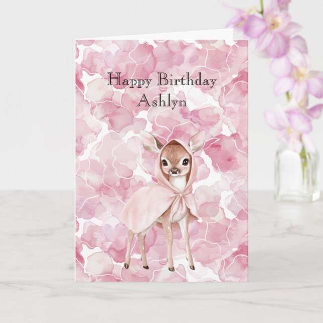 Enchanted Pink Floral Sweet Deer Birthday Card (Orchid)