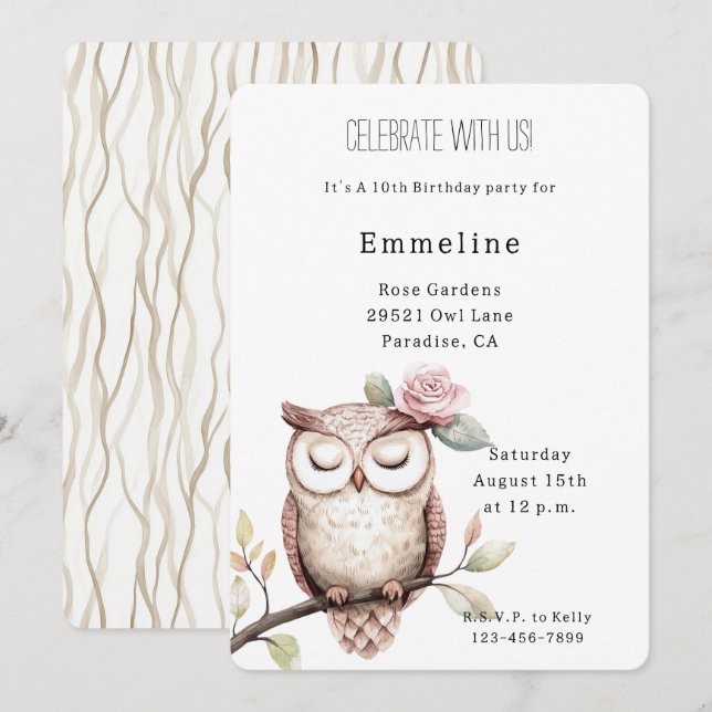 Enchanted Pink Flower Owl Birthday Invitation (Front/Back)