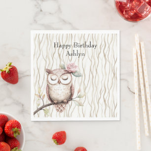 Enchanted Pink Flower Owl Birthday Napkin