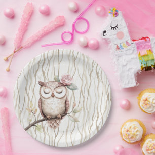 Enchanted Pink Flower Owl Birthday Paper Plate