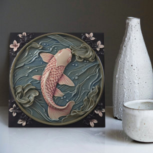 Enchanted Pink Karp in a Pond with Waterlilies Tile