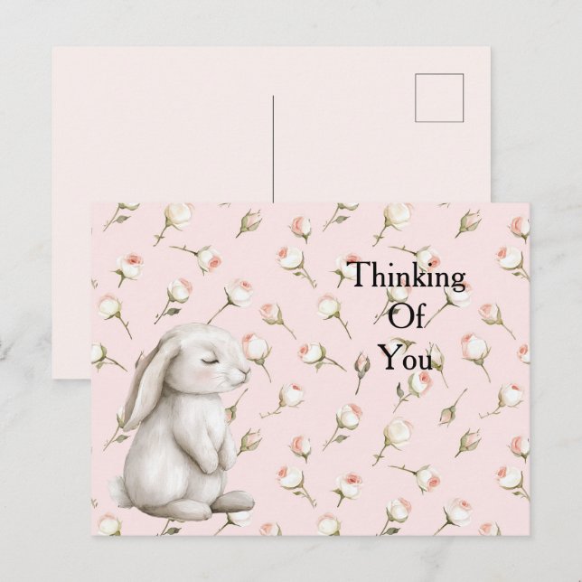  Enchanted Pink Roses Floral Bunny Thinking of you Postcard (Front/Back)