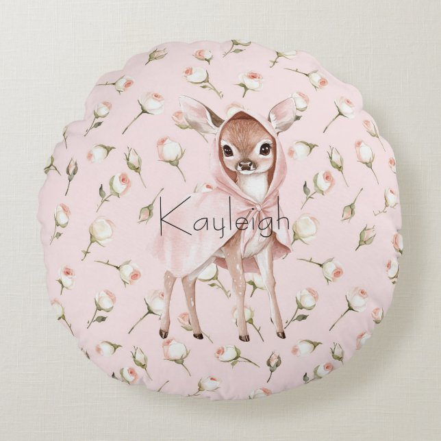  Enchanted Pink Roses Floral Deer   Round Pillow (Front)