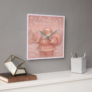 Enchanted Pink Wonderland Santa  Square Wall Clock