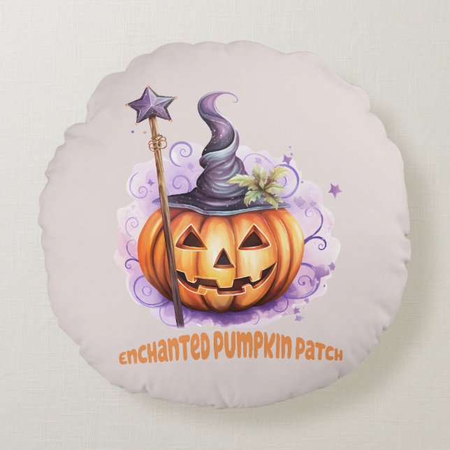 Enchanted Pumpkin Patch – Cute Jack-o’-Lantern Round Pillow (Front)