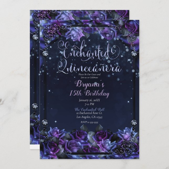 Enchanted Purple Fantasy Roses Garden Quinceañera Invitation (Front/Back)