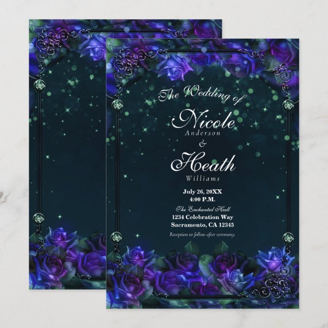 Enchanted Purple Green Garden Glow Roses Wedding  Invitation (Front/Back)