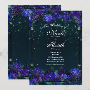 Enchanted Purple Green Garden Glow Roses Wedding  Invitation