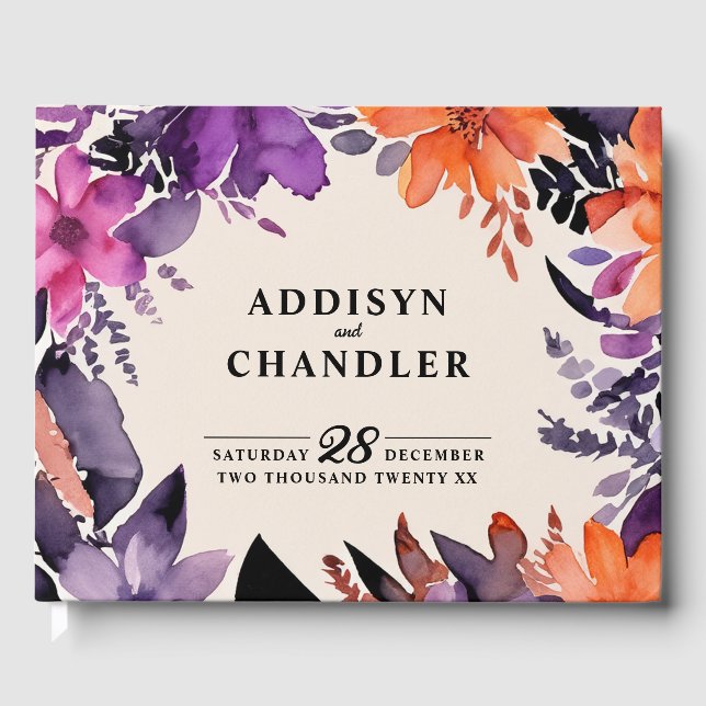 Enchanted Purple + Orange Floral Halloween Wedding Guest Book (Front)