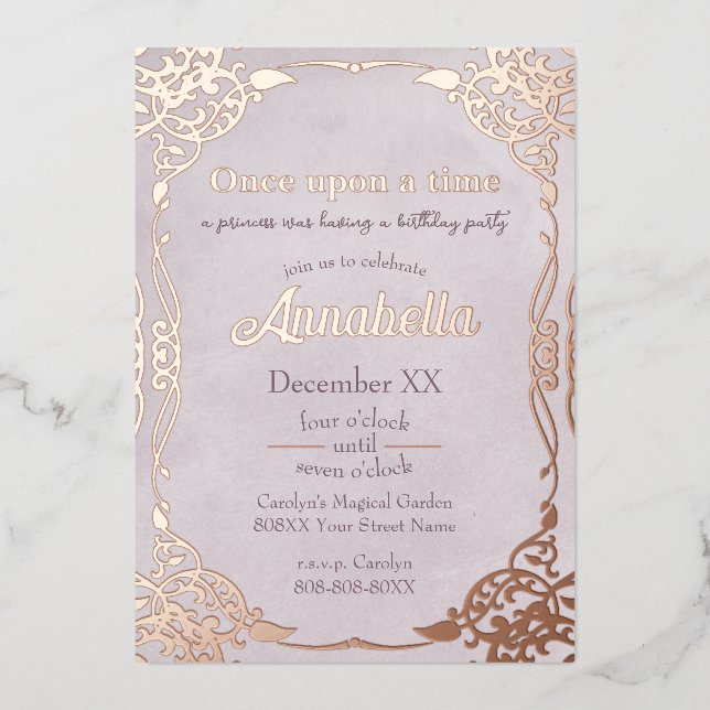 Enchanted Purple Rose Gold Fairy Tale Theme Foil Holiday Card (Front)