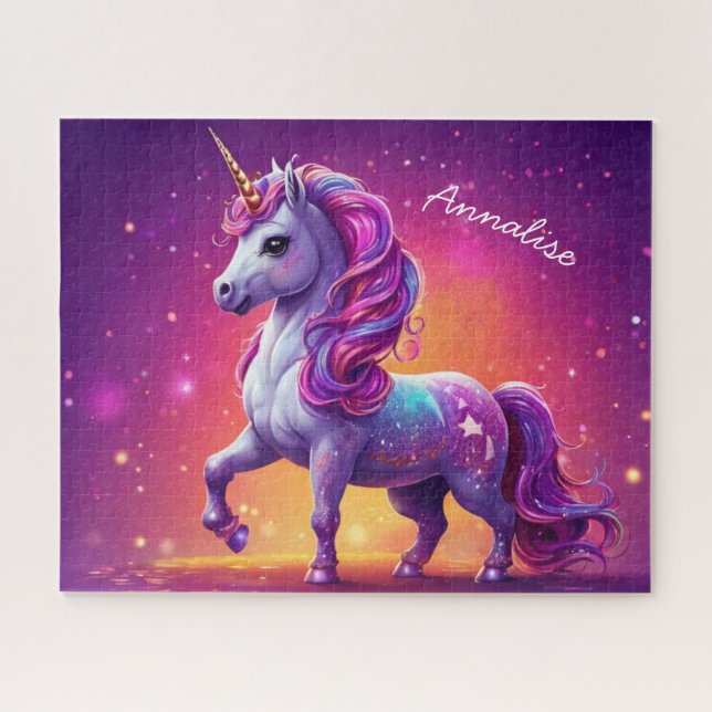 Enchanted Purple Unicorn Sparkle Personalized Jigsaw Puzzle (Horizontal)