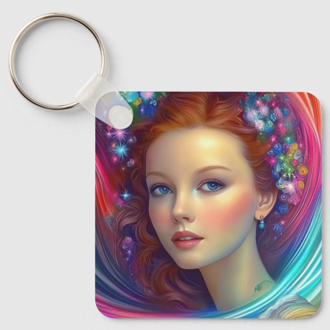 Enchanted Rainbow Hair Portrait Keychain (Front)