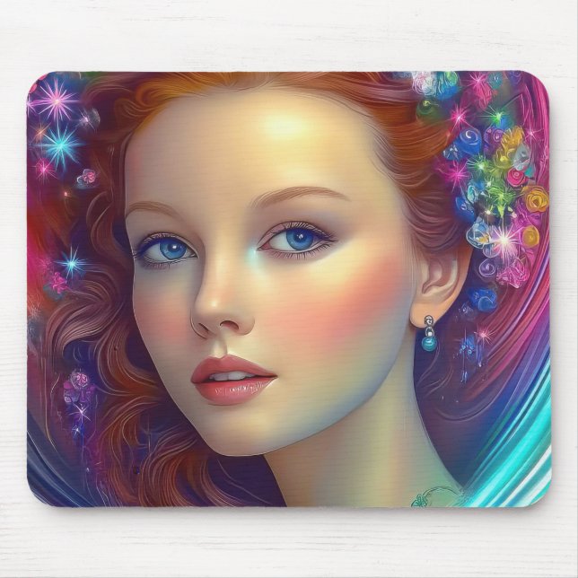 Enchanted Rainbow Hair Portrait Mouse Pad (Front)