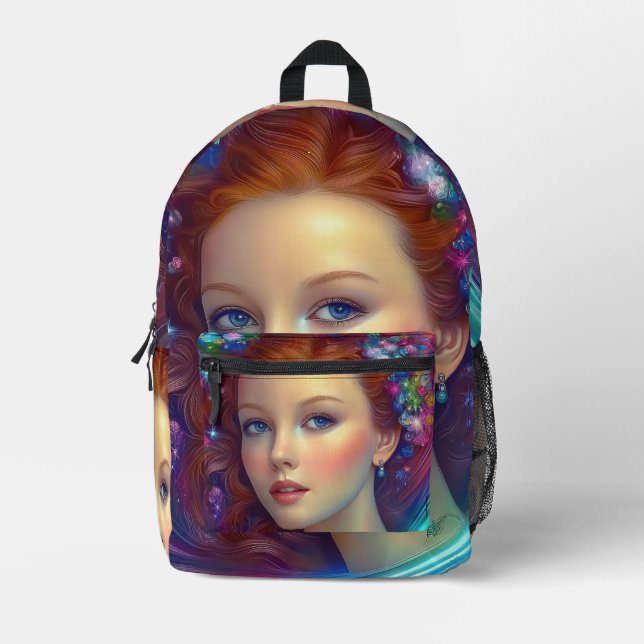 Enchanted Rainbow Hair Portrait Printed Backpack (Front)