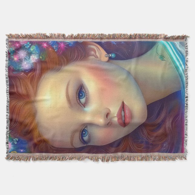 Enchanted Rainbow Hair Portrait Throw Blanket (Front)